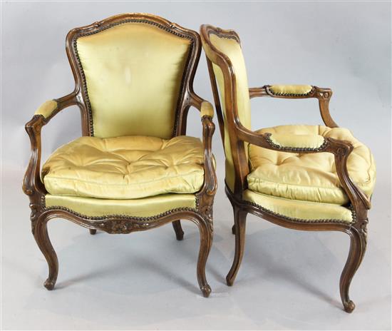 A pair of 19th century French walnut salon chairs, W.2ft H.2ft 10in.
